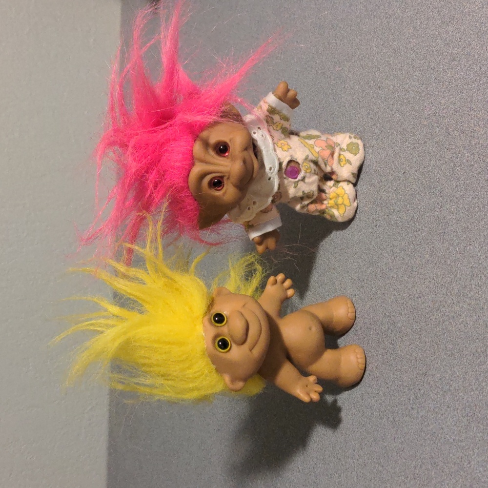 VTG Vintage Troll Dolls, yellow and pink hair with jewel